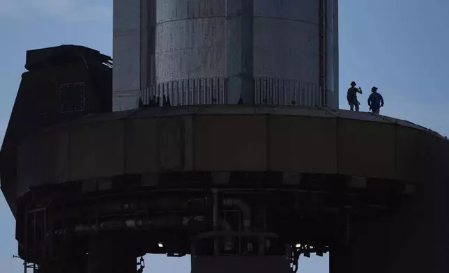 SpaceX's mega rocket Starship is prepared for a test flight from Starbase, Texas, Monday, May 26, 2025. (AP Photo/Eric Gay)