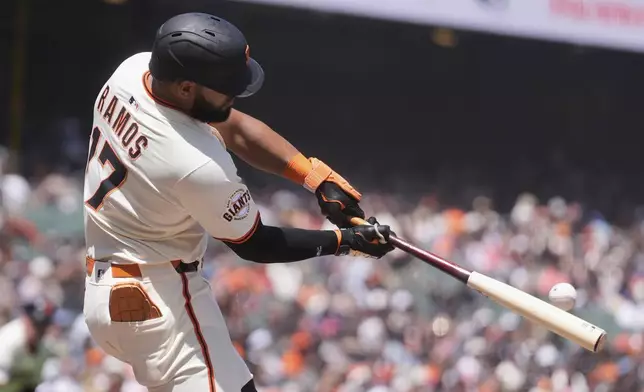 San Francisco Giants' Heliot Ramos hits a two-run double against the Arizona Diamondbacks during the fourth inning of a baseball game in San Francisco, Wednesday, May 14, 2025. (AP Photo/Jeff Chiu)