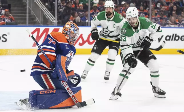 Dallas Stars' Wyatt Johnston (53) is stopped by Edmonton Oilers goalie Stuart Skinner (74) the first period of Game 3 of the NHL hockey Stanley Cup Western Conference finals in Edmonton, Alberta, Sunday, May 25, 2025. (Jason Franson/The Canadian Press via AP)
