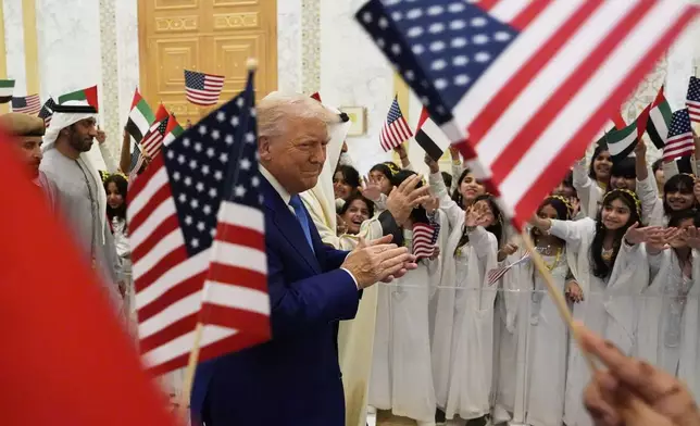 President Donald Trump and UAE President Mohammed bin Zayed Al Nahyan arrive at Qasr Al Watan, Thursday, May 15, 2025, in Abu Dhabi, United Arab Emirates. (AP Photo/Alex Brandon)