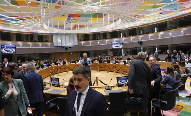 A general view of the round table during a meeting of the general affairs ministers at the European Council building in Brussels, Tuesday, May 27, 2025. (AP Photo/Omar Havana)