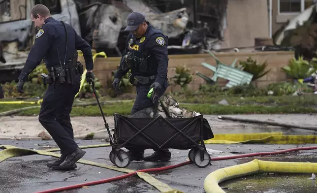 Police help rescue dogs from a home after a small plane crashed into a San Diego neighborhood earlier, setting several homes on fire and forcing evacuations along several blocks, Thursday, May 22, 2025. (AP Photo/Gregory Bull)