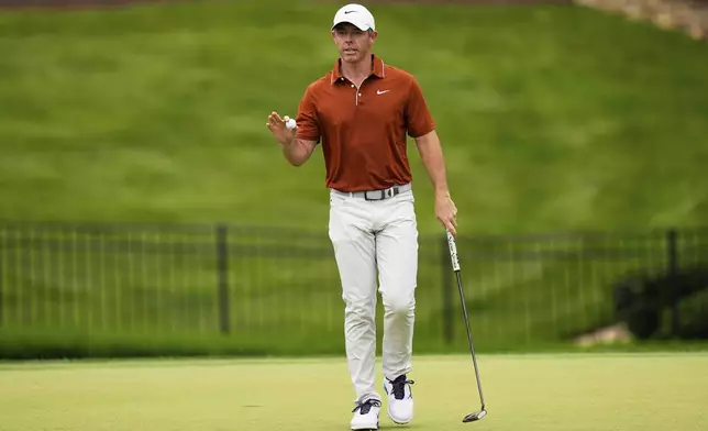 Rory McIlroy, of Northern Ireland, celebrates after a birdie on the seventh hole during the second round of the PGA Championship golf tournament at the Quail Hollow Club, Friday, May 16, 2025, in Charlotte, N.C. (AP Photo/David J. Phillip)