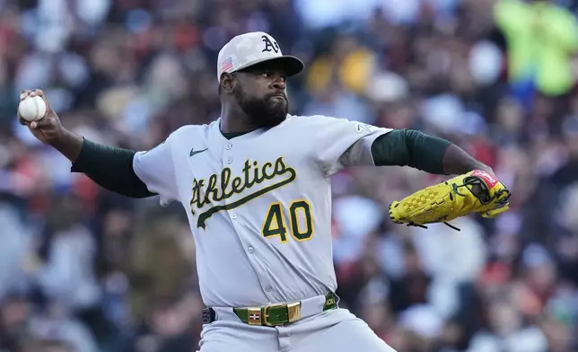 Athletics' Luis Severino pitches to a San Francisco Giants batter during the first inning of a baseball game Saturday, May 17, 2025, in San Francisco. (AP Photo/Godofredo A. Vásquez)