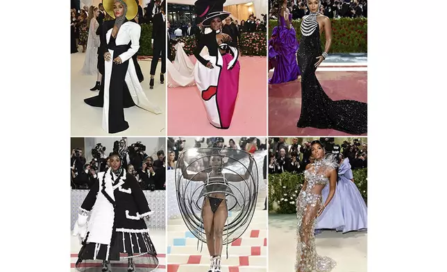 This combination of photos shows Janelle Monae's fashion outfits at The Metropolitan Museum of Art's Costume Institute benefit gala across several years. (AP Photo)