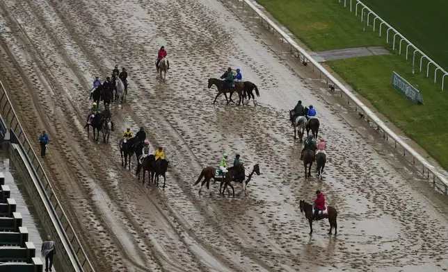 Horses prepare for a race on a muddy track at Churchill Downs before the 151st running of the Kentucky Derby horse race Saturday, May 3, 2025, in Louisville, Ky. (AP Photo/Charlie Riedel)