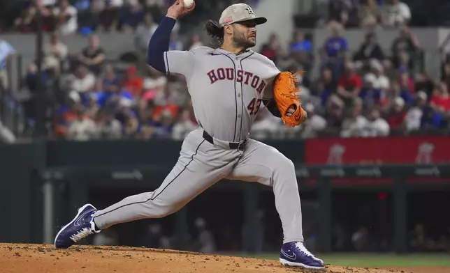 Houston Astros starting pitcher Lance McCullers Jr. throws during the first inning of a baseball game against the Texas Rangers, Friday, May 16, 2025, in Arlington, Texas. (AP Photo/LM Otero)