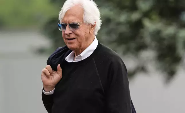 Trainer Bob Baffert is seen at Pimlico Race Course ahead of the 150th running of the Preakness Stakes, Thursday, May 15, 2025, in Baltimore. (AP Photo/Stephanie Scarbrough)