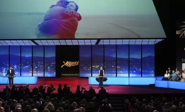Cate Blanchett speaks during the awards ceremony of the 78th international film festival, Cannes, southern France, Saturday, May 24, 2025. (Photo by Lewis Joly/Invision/AP)