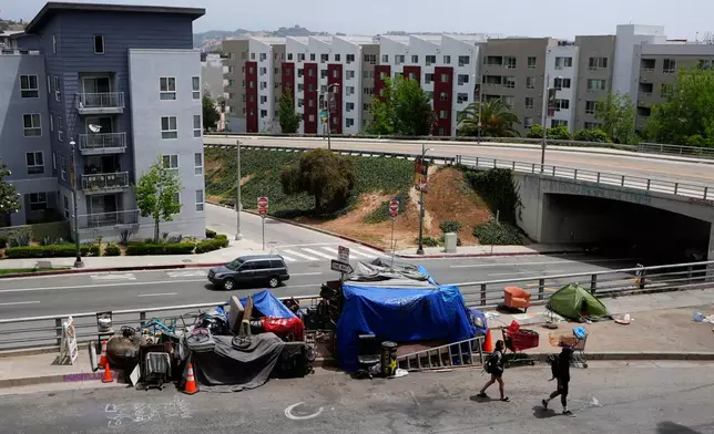 Tents are set up in a homeless encampment Monday, May 12, 2025, in Los Angeles. (AP Photo/Damian Dovarganes)