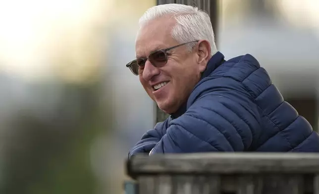 Trainer Todd Pletcher watches a workout at Churchill Downs Monday, April 28, 2025, in Louisville, Ky. (AP Photo/Charlie Riedel)