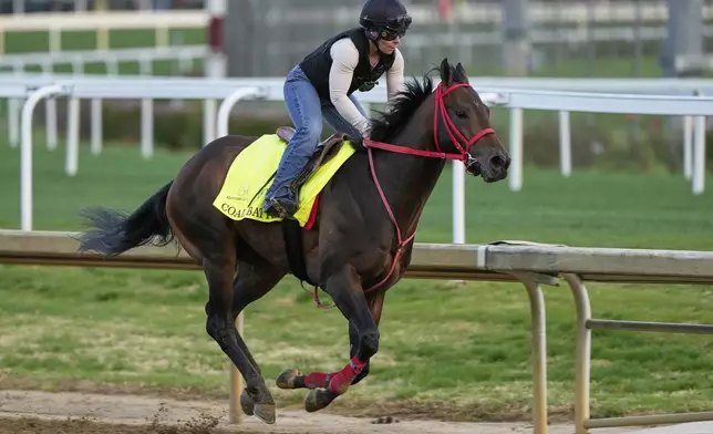 Kentucky Derby entrant Coal Battle works out at Churchill Downs Monday, April 28, 2025, in Louisville, Ky. (AP Photo/Charlie Riedel)