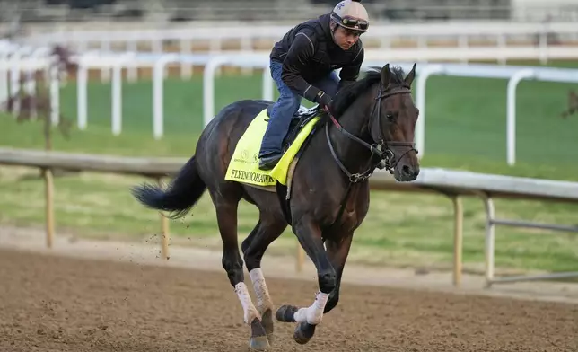 Kentucky Derby entrant Flying Mohawk works out at Churchill Downs Monday, April 28, 2025, in Louisville, Ky. (AP Photo/Charlie Riedel)