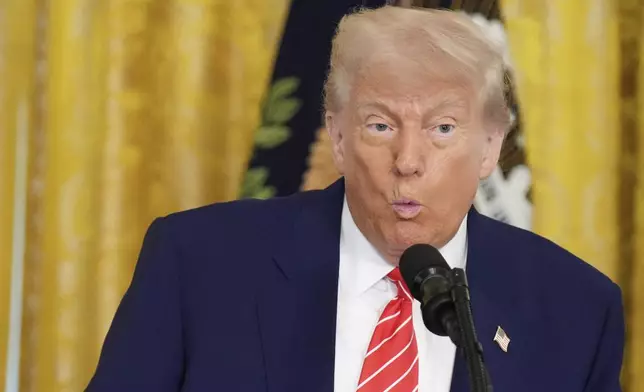 President Donald Trump speaks at an event for Military Mothers, Thursday, May 8, 2025, in the East Room of the White House in Washington. (AP Photo/Jacquelyn Martin)