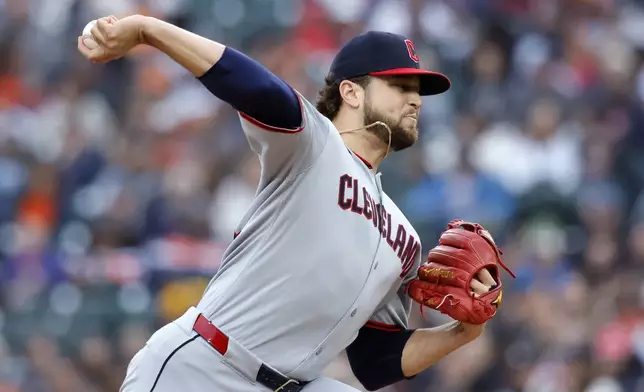 Cleveland Guardians' Slade Cecconi pitches against the Detroit Tigers during the first inning of a baseball game Friday, May 23, 2025, in Detroit. (AP Photo/Duane Burleson)