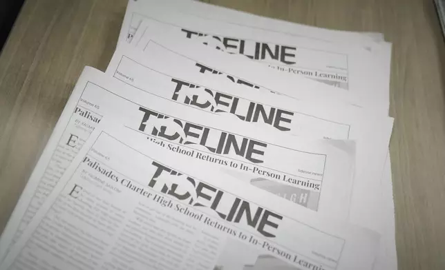 Copies of Tideline, Palisades High School's student newspaper, are placed on a table in their newsroom, Wednesday, May 14, 2025, in Santa Monica, Calif. (AP Photo/Marcio Jose Sanchez)