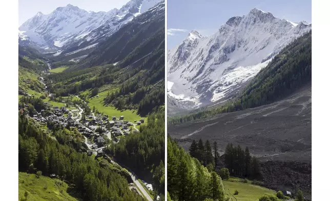 This combo picture shows the village of Blatten photographed on Sunday, May 18, 2025, left, and a view captured one day after a massive debris avalanche triggered by the collapse of the Birch Glacier, swept down to the valley floor and demolised large parts of the village of Blatten, Switzerland, Thursday, May 29, 2025. (Cyril Zingaro and Jean-Christophe Bott/Keystone via AP)