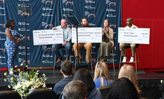 Three small businesses were presented with $20,000 at Intuit QuickBooks and Mailchimp's fourth annual Small Business Hero Day at the Intuit Dome on Friday, April 25, 2025 in Inglewood, Calif. Owners from BJ's Nevada BBQ, The Homeless Garden Project, and Perry's Joint were honored. (Dan Steinberg/AP Content Services for Intuit QuickBooks)