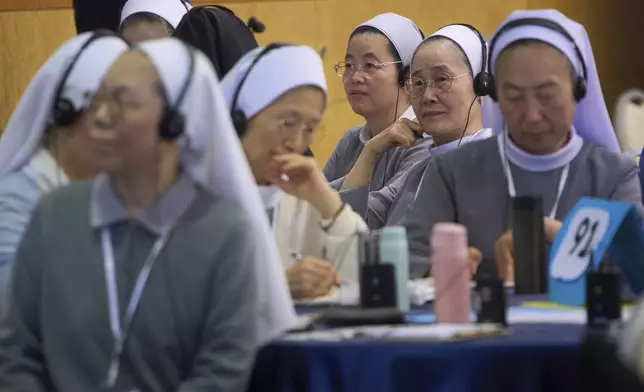Nuns attend a congress of nearly 900 superiors of the world's female religious orders in Rome, Monday, May 5, 2025. (AP Photo/Alessandra Tarantino)