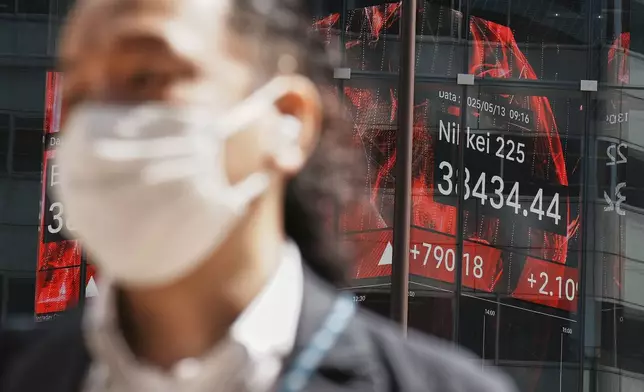 A person walks in front of an electronic stock board showing Japan's Nikkei index at a securities firm Tuesday, May 13, 2025, in Tokyo. (AP Photo/Eugene Hoshiko)
