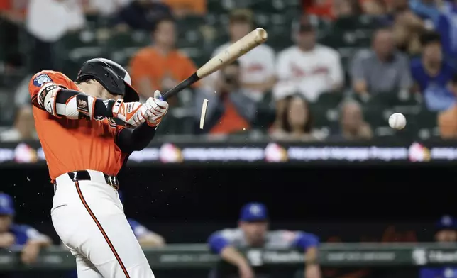 Baltimore Orioles' Ryan O'Hearn breaks his bat while hitting a single off Kansas City Royals pitcher Kris Bubic during the fourth inning of a baseball game in Baltimore, Saturday, May 3, 2025. (AP Photo/Terrance Williams)