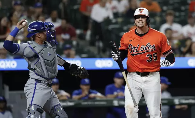 Baltimore Orioles' Adley Rutschman (35) reacts after striking out against Kansas City Royals pitcher Kris Bubic (not shown) during the third inning of a baseball game in Baltimore, Saturday, May 3, 2025. (AP Photo/Terrance Williams)