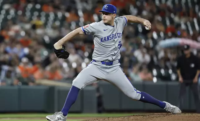 Kansas City Royals pitcher Kris Bubic throws during the fourth inning of a baseball game against the Baltimore Orioles in Baltimore, Saturday, May 3, 2025. (AP Photo/Terrance Williams)