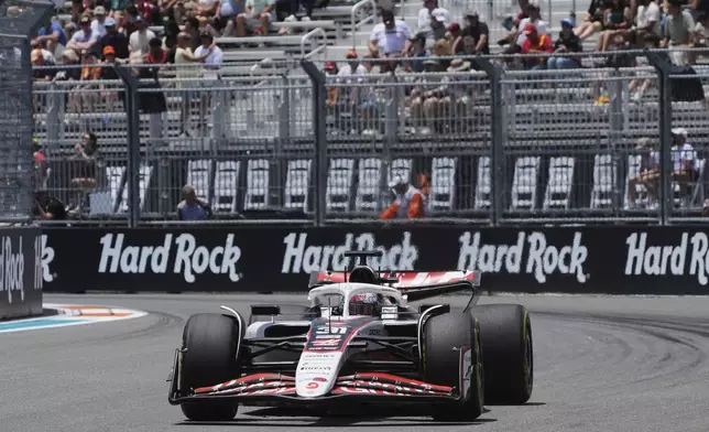 Haas driver Esteban Ocon of France steers his car during a practice session for the Formula One Miami Grand Prix auto race, Friday, May 2, 2025, in Miami Gardens, Fla. (AP Photo/Marta Lavandier)