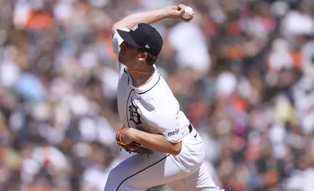 Detroit Tigers pitcher Beau Brieske throws against the Texas Rangers in the sixth inning during a baseball game, Sunday, May 11, 2025, in Detroit. (AP Photo/Paul Sancya)