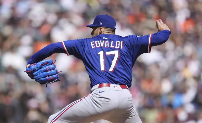 Texas Rangers pitcher Nathan Eovaldi throws against the Detroit Tigers in the seventh inning during a baseball game, Sunday, May 11, 2025, in Detroit. (AP Photo/Paul Sancya)