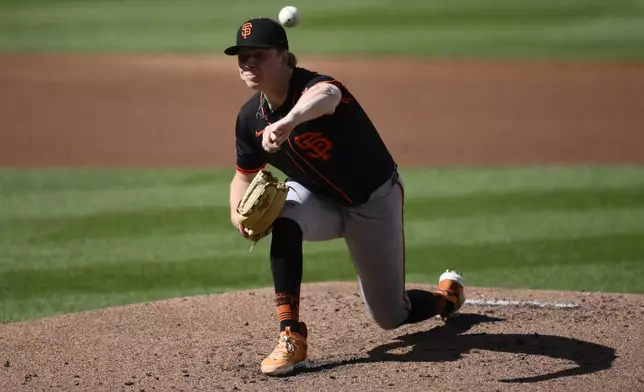 San Francisco Giants starting pitcher Kyle Harrison throws during the second inning of a baseball game, Saturday, May 24, 2025, in Washington. (AP Photo/Nick Wass)