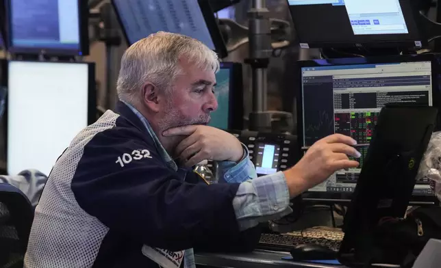 Trader Edward McCarthy on the floor of the New York Stock Exchange, Tuesday, May 6, 2025. (AP Photo/Richard Drew)