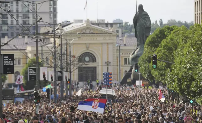 University students and people march during a protest, seven months after the deadly train station tragedy that sparked mass demonstrations against corruption in Belgrade, Serbia, Friday, May 30, 2025. (AP Photo/Darko Vojinovic)