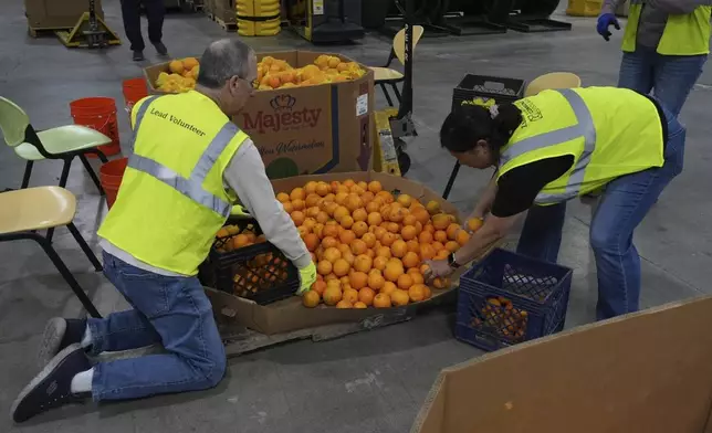 Volunteers pack produce at the Alameda County Community Food Bank in Alameda, Calif., on Friday, April 25, 2025. (AP Photo/Terry Chea)