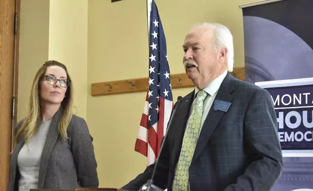 Montana Democratic Minority Leader Sen. Pat Flowers speaks at a news conference as state Rep. Katie Sullivan listens, at the state Capitol, April 15, 2025, in Helena, Mont. (AP Photo/Matthew Brown)