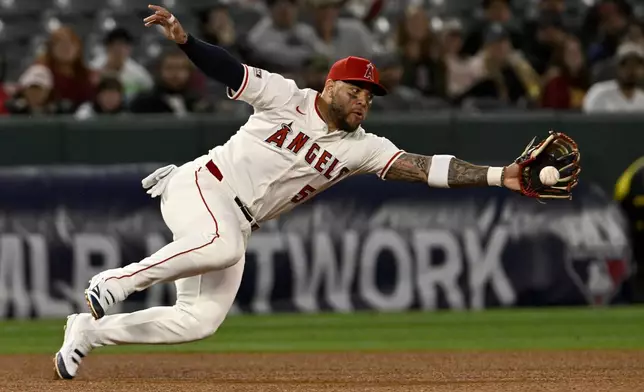 Los Angeles Angels third baseman Yoan Moncada can't reach a ground ball hit by Toronto Blue Jays' Bo Bichette, but gets thrown out at first by shortstop Zach Neto during the fifth inning of a baseball game in Anaheim, Calif., Tuesday, May 6, 2025. (AP Photo/Alex Gallardo)