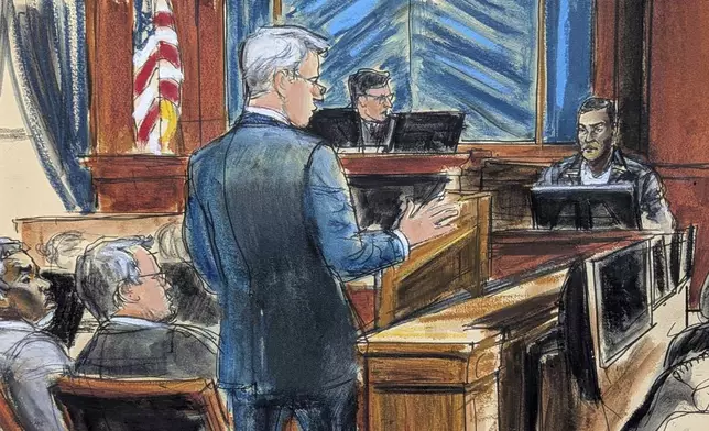 Defense attorney Brian Steel, center, cross examines Kid Cudi, far right, as Sean "Diddy" Combs, far left, looks on during Combs' sex trafficking and racketeering trial in Manhattan federal court,Thursday, May 22, 2025, in New York. (Elizabeth Williams via AP)