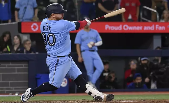 Toronto Blue Jays' Alejandro Kirk (30) hits a walk-off RBI single in tenth inning American League baseball action to defeat the Boston Red Sox in Toronto on Wednesday, April 30, 2025. (Jon Blacker/The Canadian Press via AP)