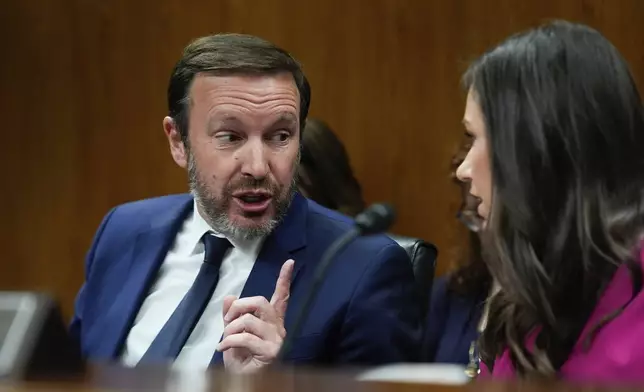 Sen. Chris Murphy, D-Conn., speaks, left, with Sen. Katie Britt, R-Ala., during a Senate Appropriations Subcommittee on Homeland Security oversight hearing, Thursday, May 8, 2025, on Capitol Hill in Washington. (AP Photo/Julia Demaree Nikhinson)