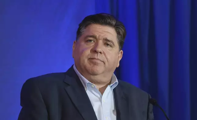 FILE - Illinois Gov. JB Pritzker speaks during the McIntyre-Shaheen 100 Club Dinner, Sunday April 27, 2025, in Manchester, N.H. (AP Photo/Reba Saldanha, File)