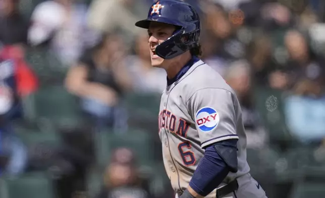 Houston Astros' Jake Meyers (6) celebrates after hitting a 3-run home run during the sixth inning of a baseball game against the Chicago White Sox, Saturday, May 3, 2025, in Chicago. (AP Photo/Erin Hooley)