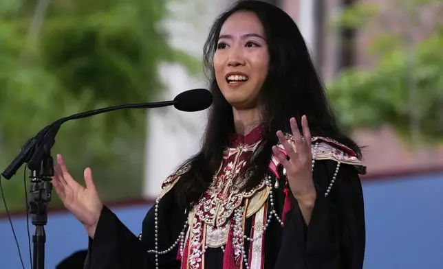 Yurong "Luanna" Jiang addresses classmates during commencement ceremonies at Harvard University, Thursday, May 29, 2025, in Cambridge, Mass. (AP Photo/Charles Krupa)