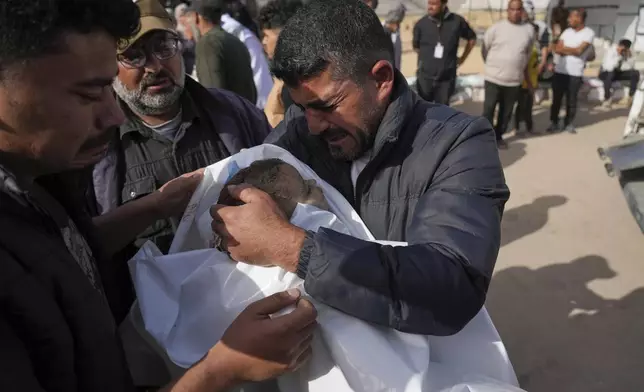 Mohannad Al-Agha, holds body of his niece Zeina Al- Agha, 2, killed in an overnight Israeli airstrike, during her funeral at Nasser Hospital in Khan Younis, Gaza Strip, Sunday, May 11, 2025. (AP Photo/Abdel Kareem Hana)