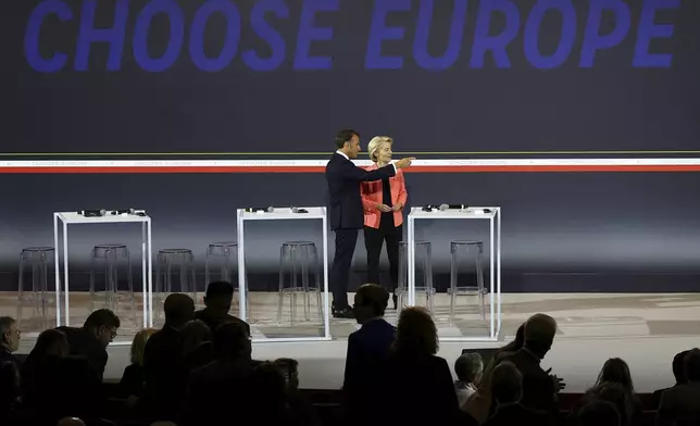 French President Emmanuel Macron and European Commission President Ursula Von der Leyen attend the "Choose Europe for Science" event, to encourage researchers and scientists from all over the world to practice in Europe, at the Sorbonne University in Paris, Monday, May 5, 2025.(Gonzalo Fuentes/Pool via AP)