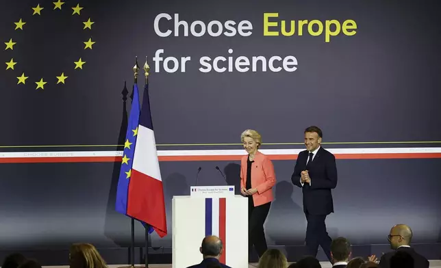 French President Emmanuel Macron and European Commission President Ursula Von der Leyen attend the "Choose Europe for Science" event, to encourage researchers and scientists from all over the world to practice in Europe, at the Sorbonne University in Paris, Monday, May 5, 2025.(Gonzalo Fuentes/Pool via AP)