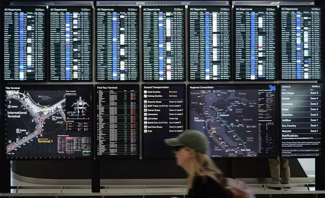 A traveler walks past screens showing outgoing and incoming flights at San Francisco International Airport ahead of the Memorial Day holiday weekend in San Francisco, Thursday, May 22, 2025. (AP Photo/Godofredo A. Vásquez)