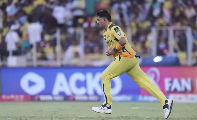 Chennai Super Kings' Anshul Kamboj runs to bowl a delivery during the Indian Premier League cricket match between Gujarat Titans and Chennai Super Kings at Narendra Modi Stadium in Ahmedabad, India, Sunday, May 25, 2025. (AP Photo/Ajit Solanki)