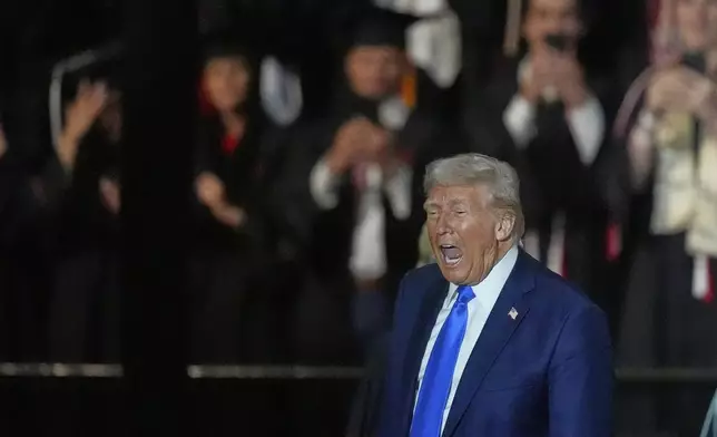 President Donald Trump yells after giving a commencement address at the University of Alabama, Thursday, May 1, 2025, in Tuscaloosa, Ala. (AP Photo/Mike Stewart)