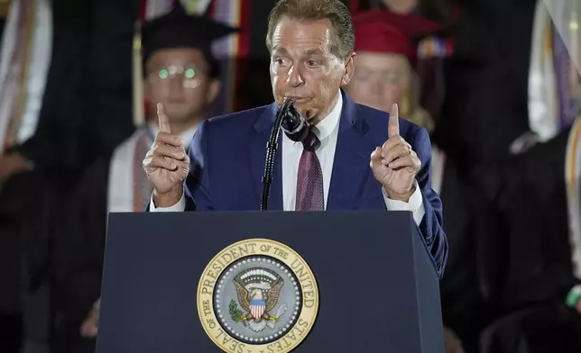 Nick Saban speaks before President Donald Trump arrives to give a commencement address at the University of Alabama, Thursday, May 1, 2025, in Tuscaloosa, Ala. (AP Photo/Mike Stewart)