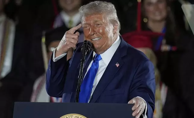 President Donald Trump gives a commencement address at the University of Alabama, Thursday, May 1, 2025, in Tuscaloosa, Ala. (AP Photo/Mike Stewart)